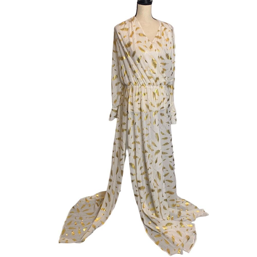 Missord Dress Womens L Split Thigh Maxi Belted Swim Coverup White Gold Feather